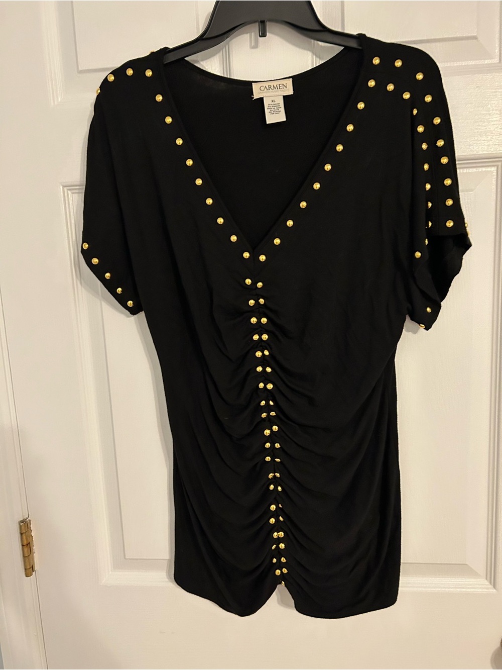 Carmen Black Studded Ruched V-Neck Top